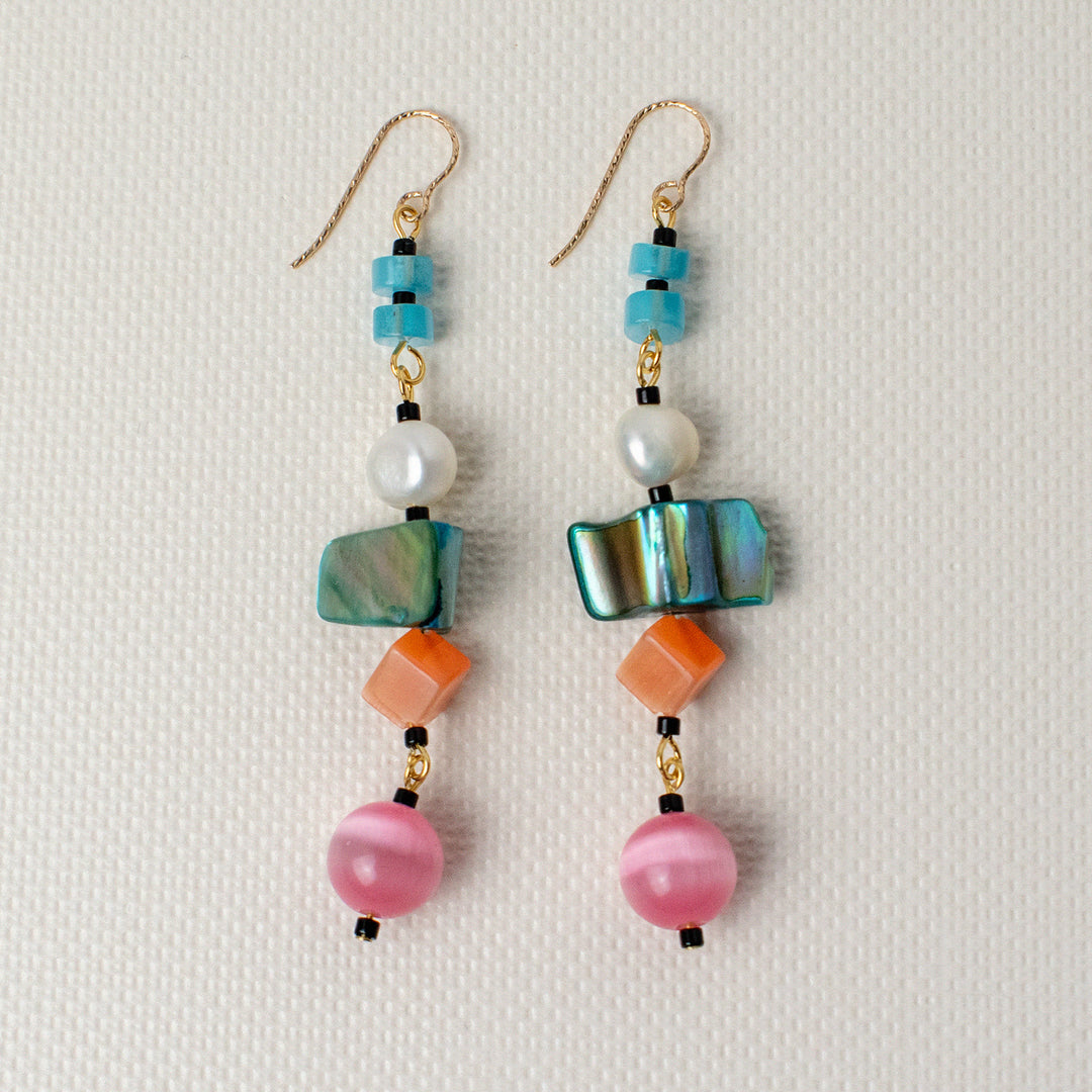 Off-Rainbow Pearl and Shell Dangle Earrings