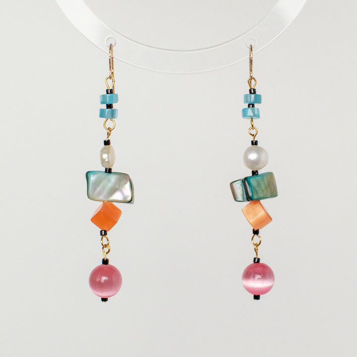 Off-Rainbow Pearl and Shell Dangle Earrings