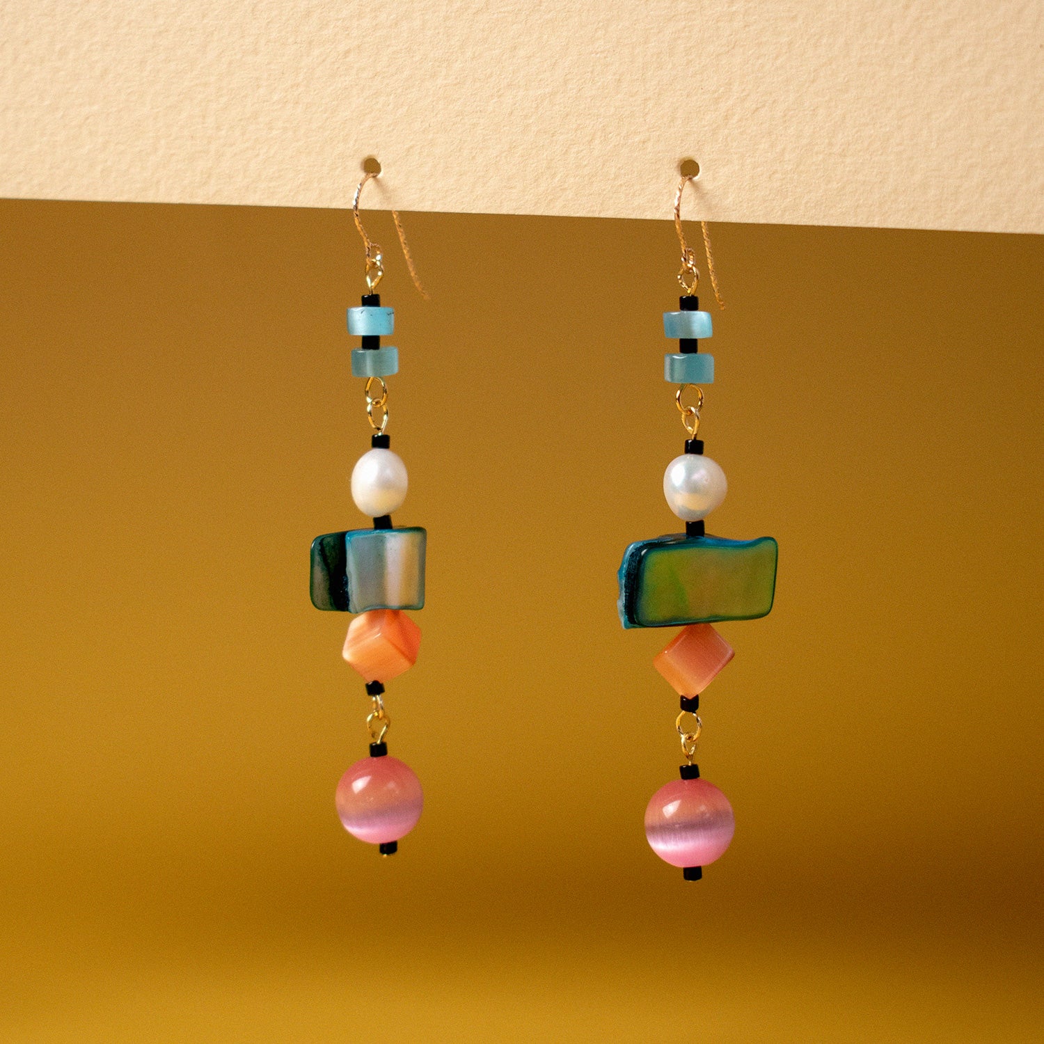 Off-Rainbow Pearl and Shell Dangle Earrings