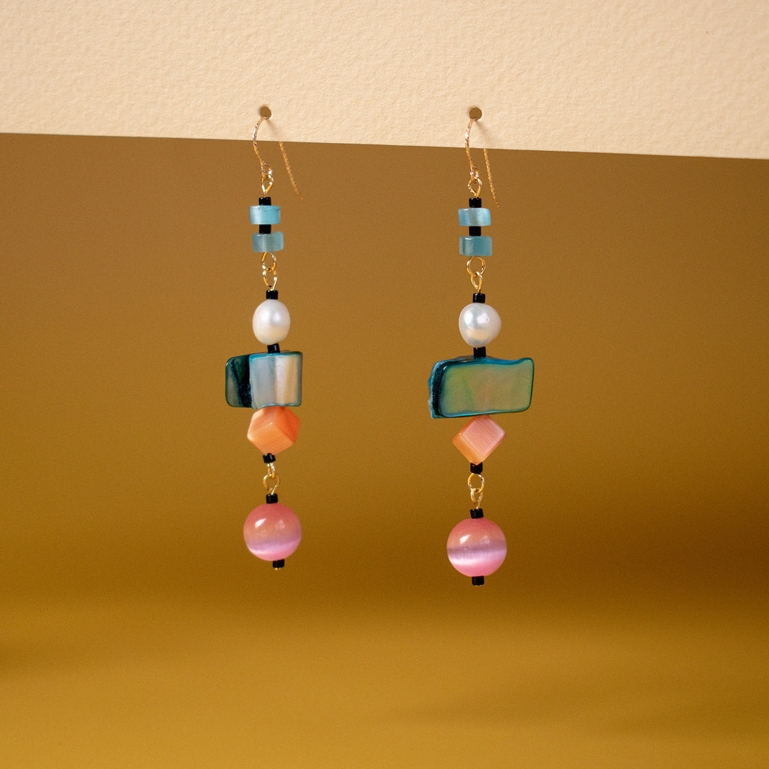 Off-Rainbow Pearl and Shell Dangle Earrings