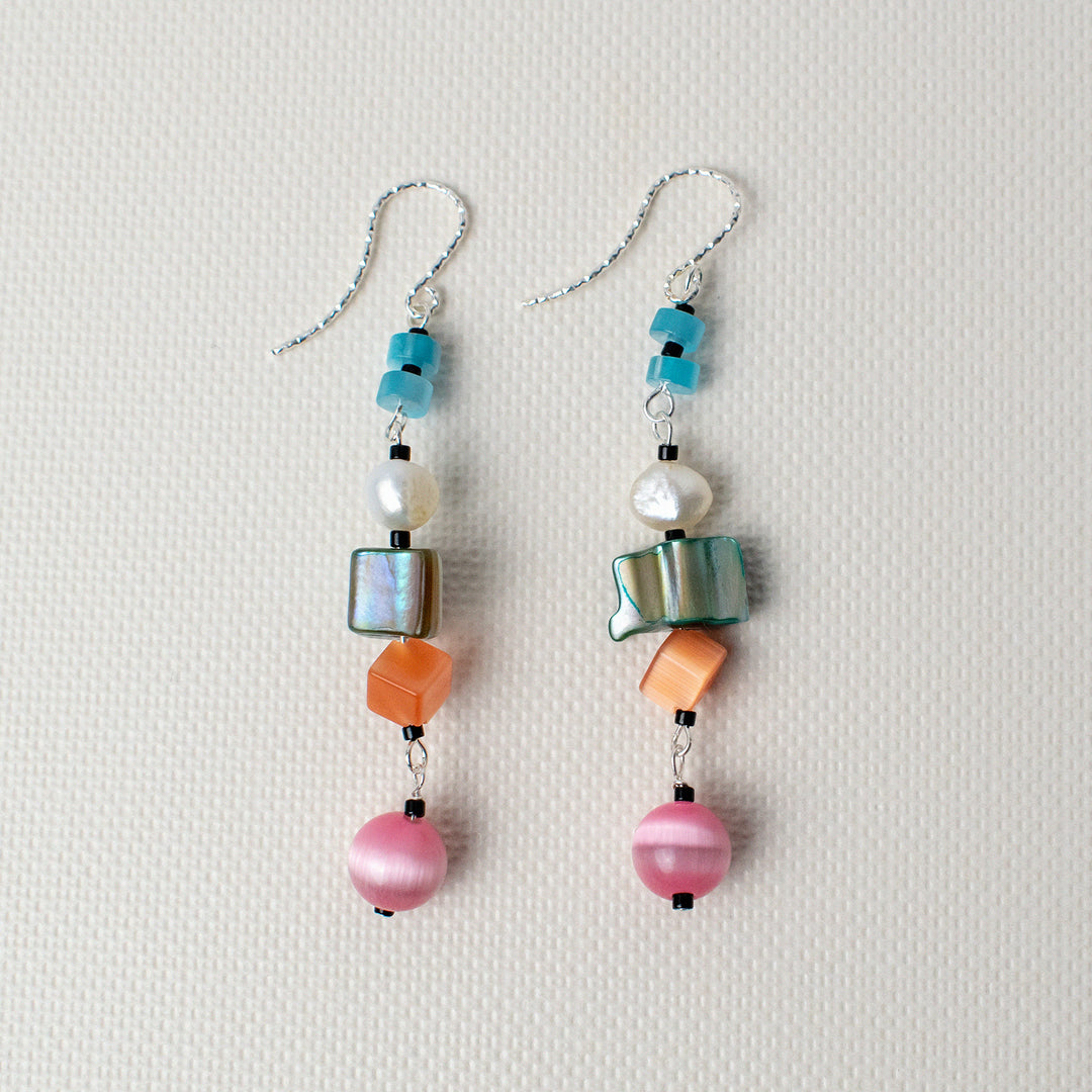 Off-Rainbow Pearl and Shell Dangle Earrings