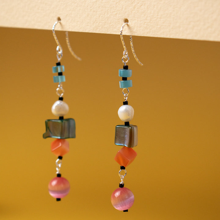 Off-Rainbow Pearl and Shell Dangle Earrings