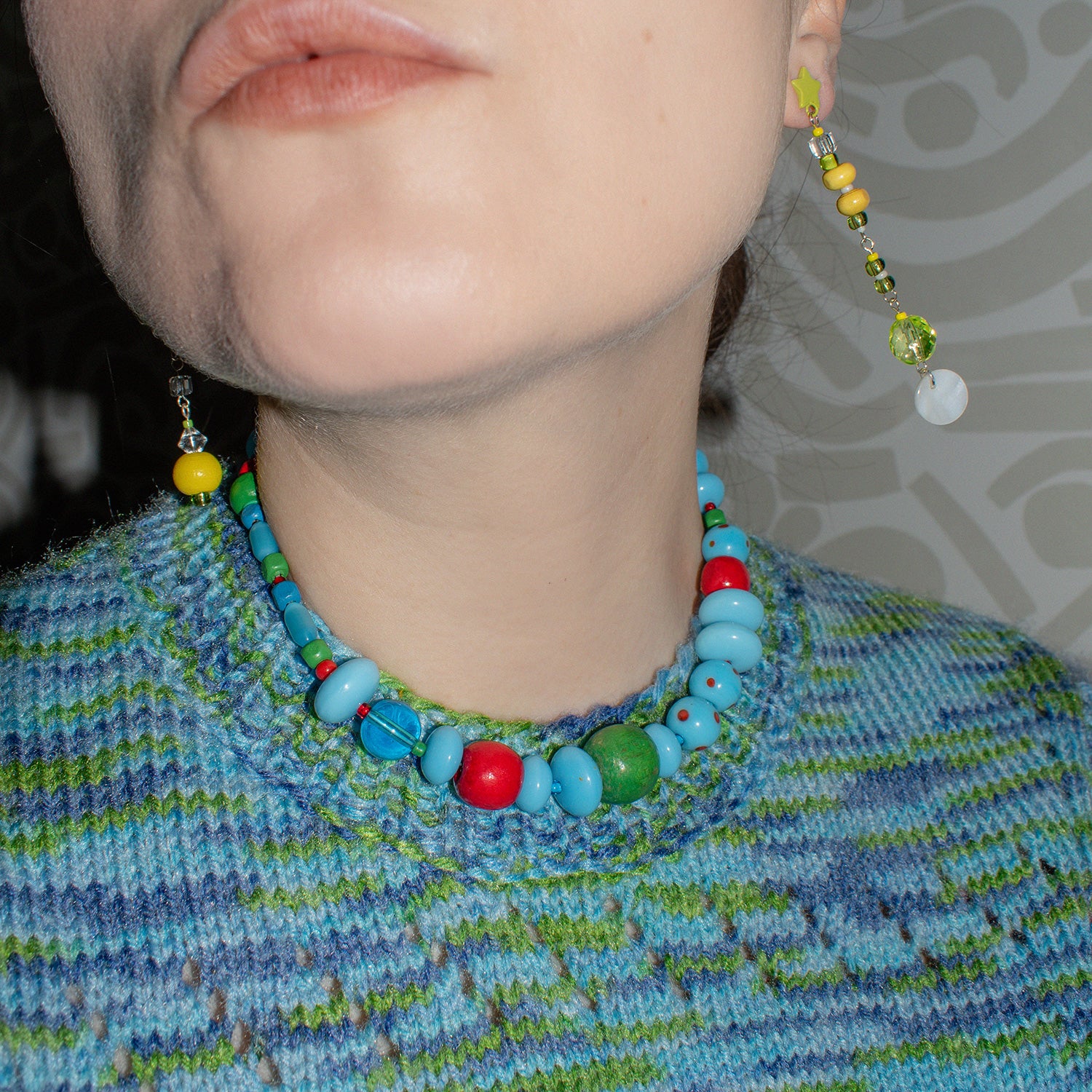 Blue Bubblegum Glass and Wood Bead Necklace