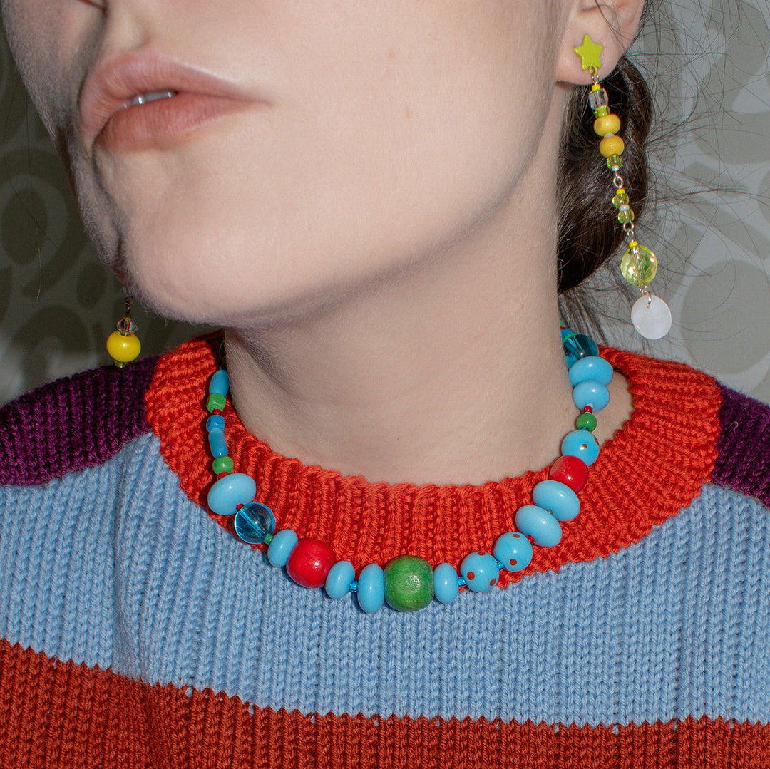 Blue Bubblegum Glass and Wood Bead Necklace