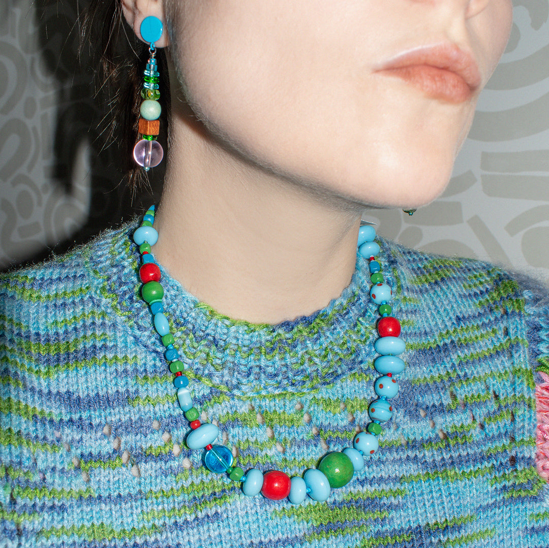 Blue Bubblegum Glass and Wood Bead Necklace