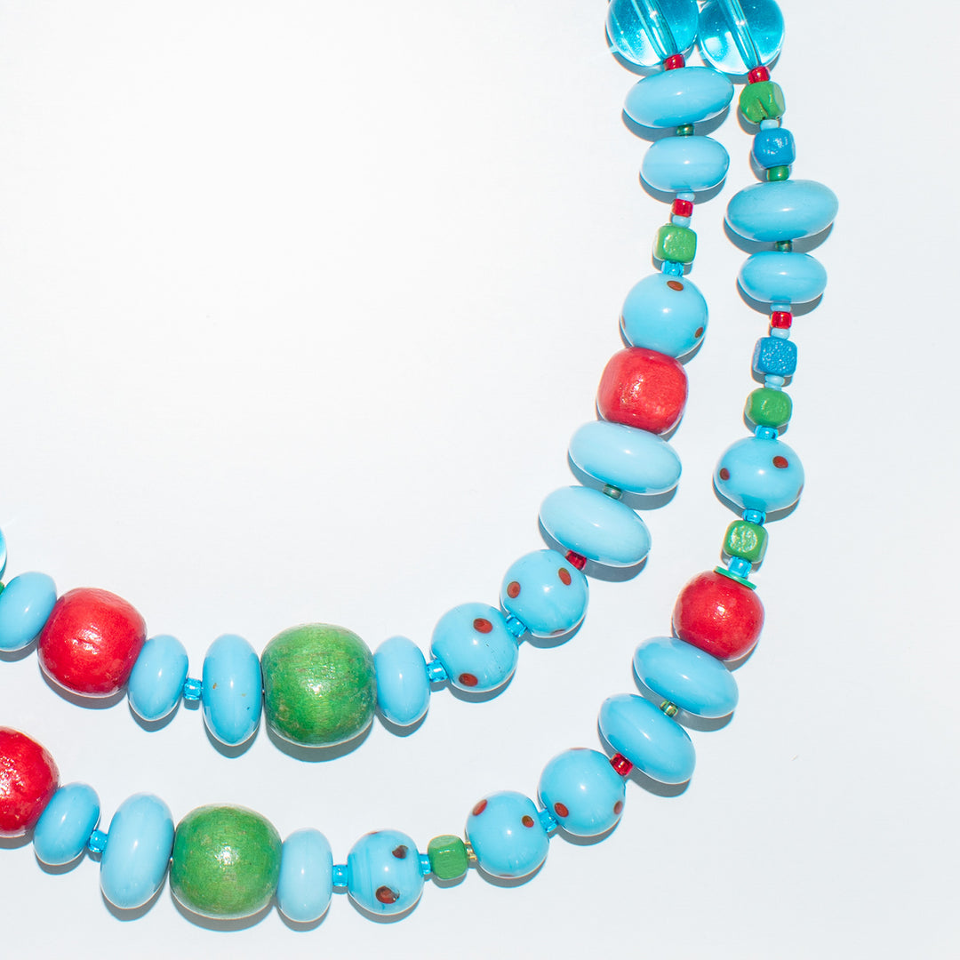 Blue Bubblegum Glass and Wood Bead Necklace