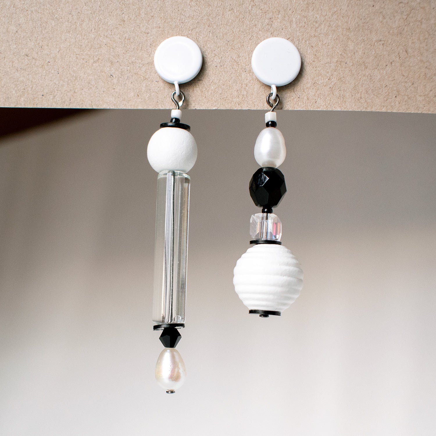 Black and White Asymmetrical Wood and Pearl Earrings