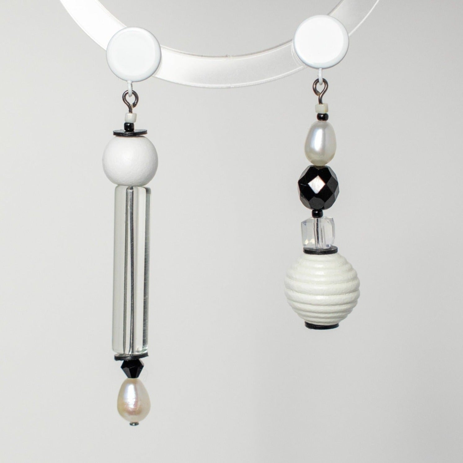 Black and White Asymmetrical Wood and Pearl Earrings