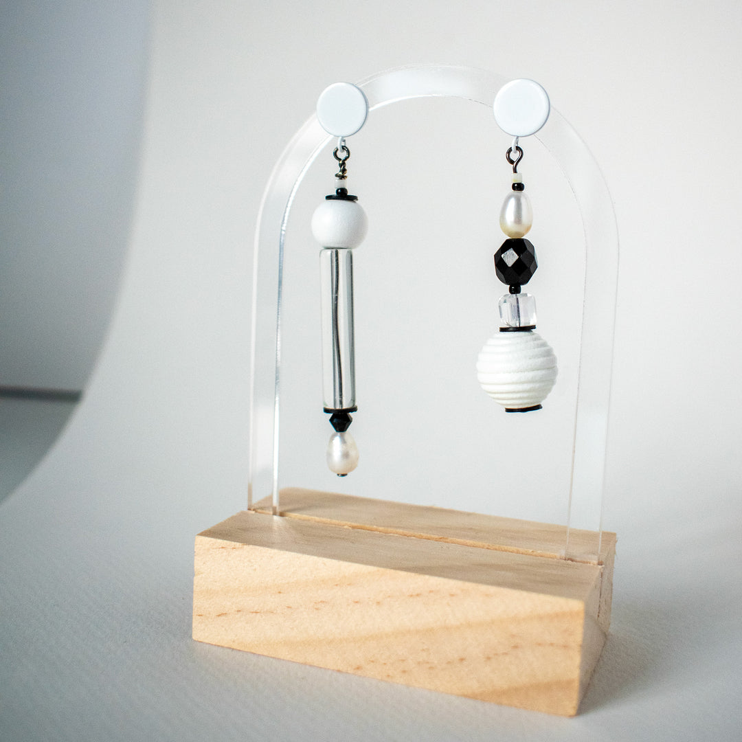 Black and White Asymmetrical Wood and Pearl Earrings