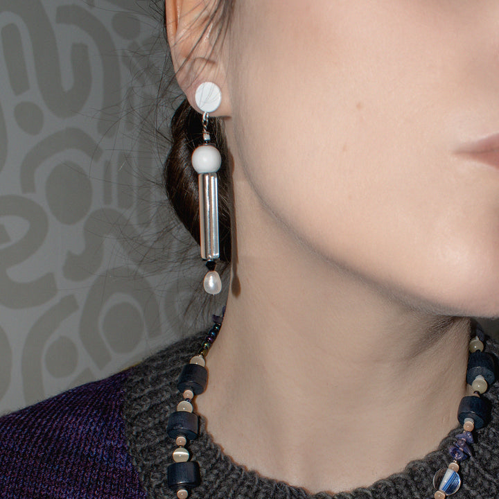 Black and White Asymmetrical Wood and Pearl Earrings