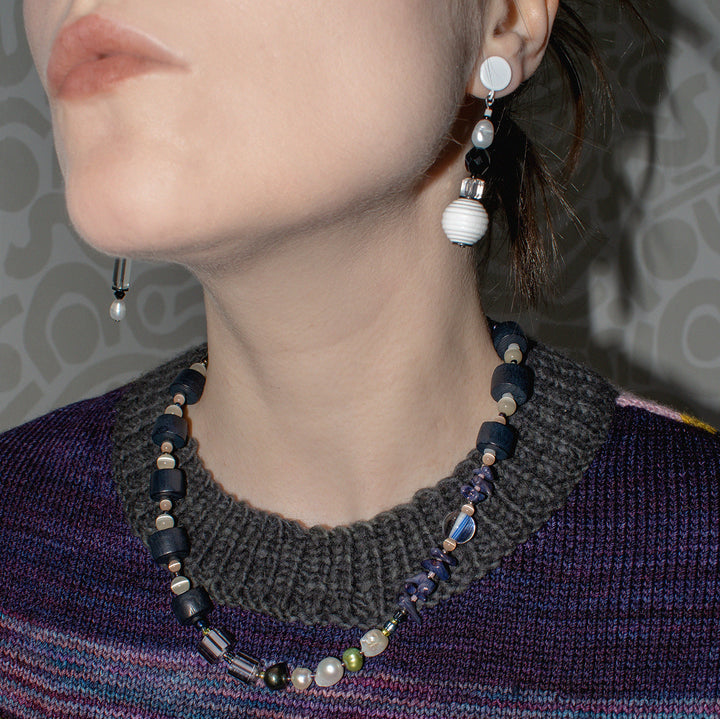 Black and White Asymmetrical Wood and Pearl Earrings