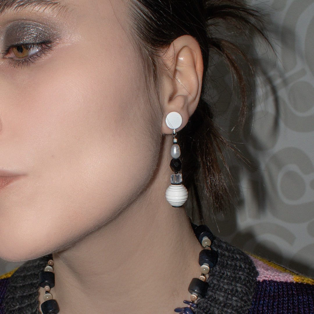 Black and White Asymmetrical Wood and Pearl Earrings