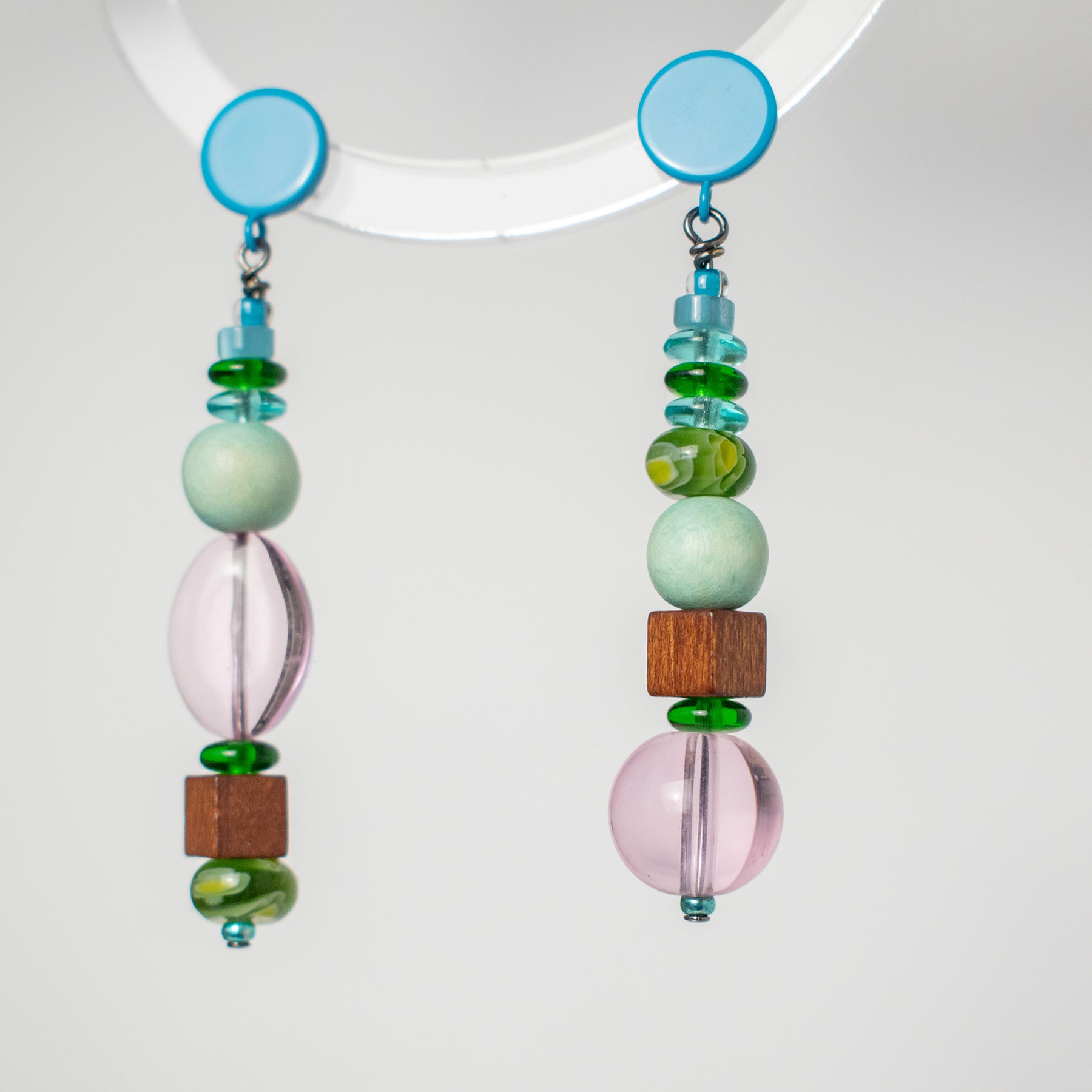 Stacked Wood and Millefiori Glass Earrings