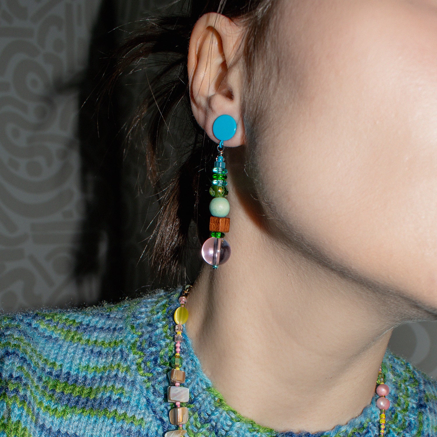 Stacked Wood and Millefiori Glass Earrings