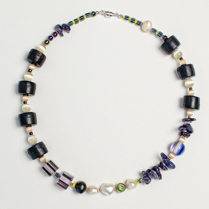 Navy Wood and Freshwater Pearl & Coral Necklace