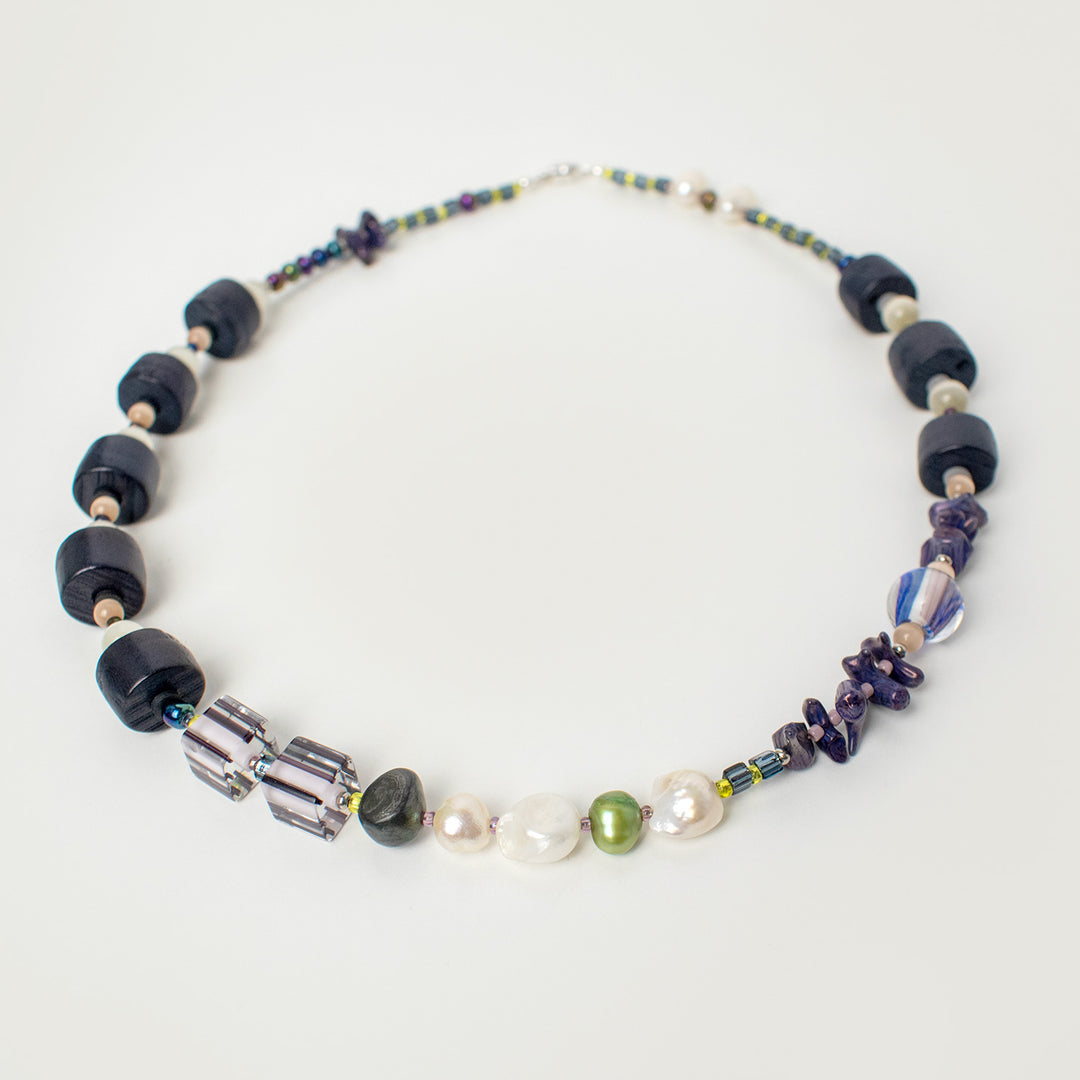 Navy Wood and Freshwater Pearl & Coral Necklace