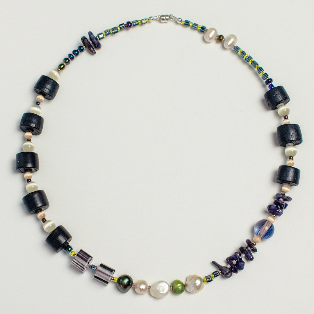 Navy Wood and Freshwater Pearl & Coral Necklace