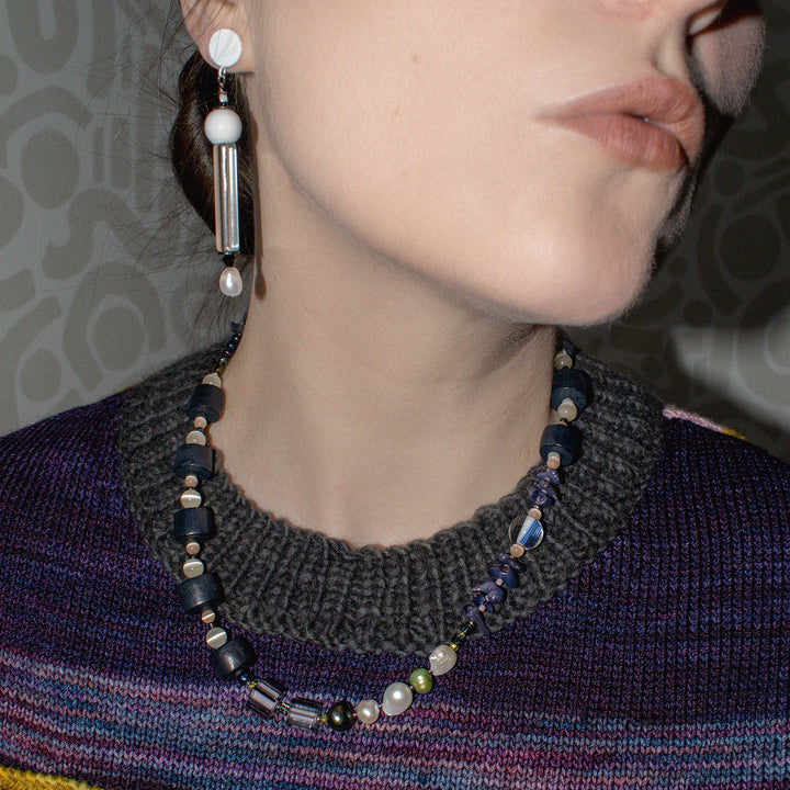 Navy Wood and Freshwater Pearl & Coral Necklace