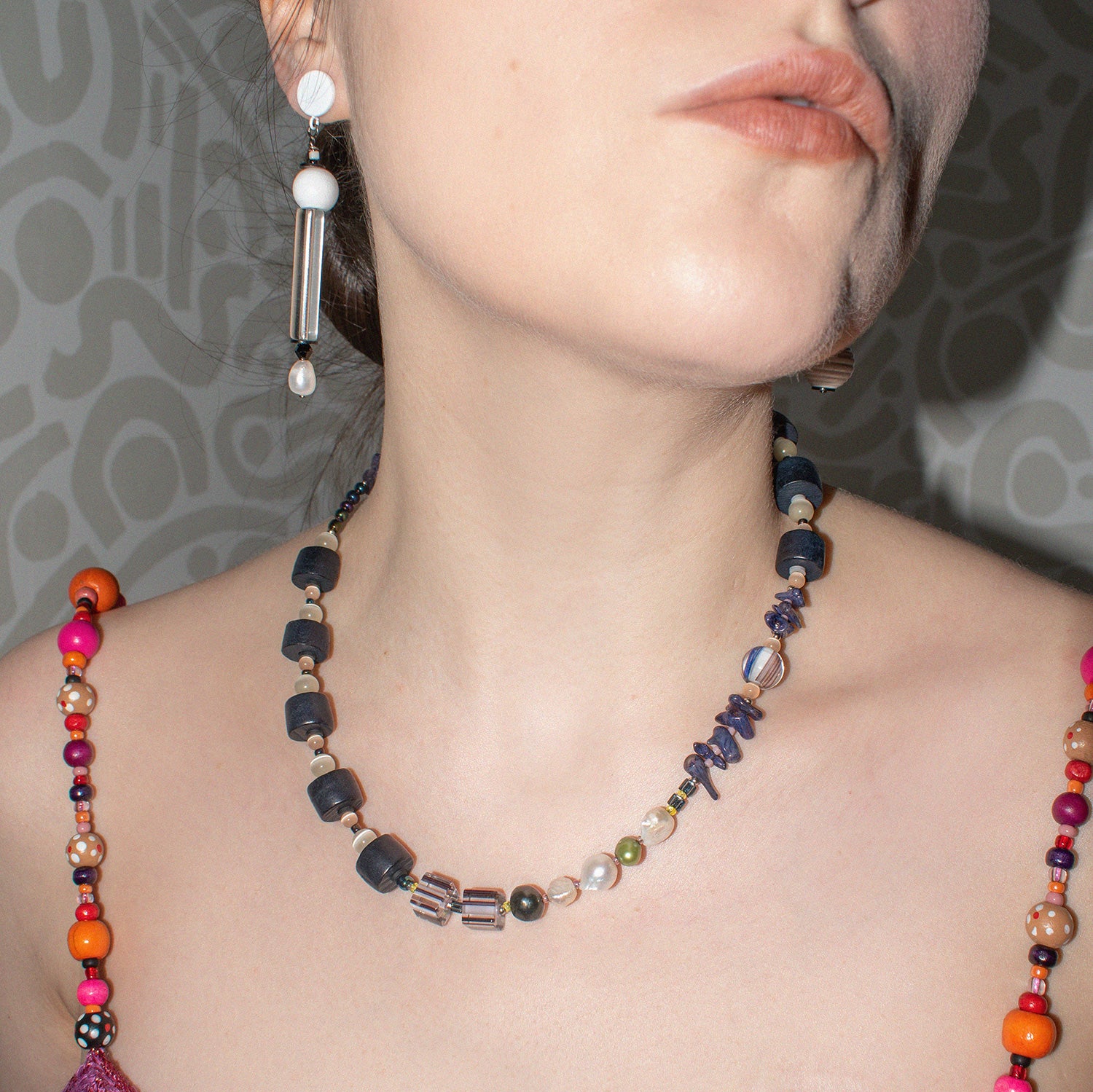 Navy Wood and Freshwater Pearl & Coral Necklace