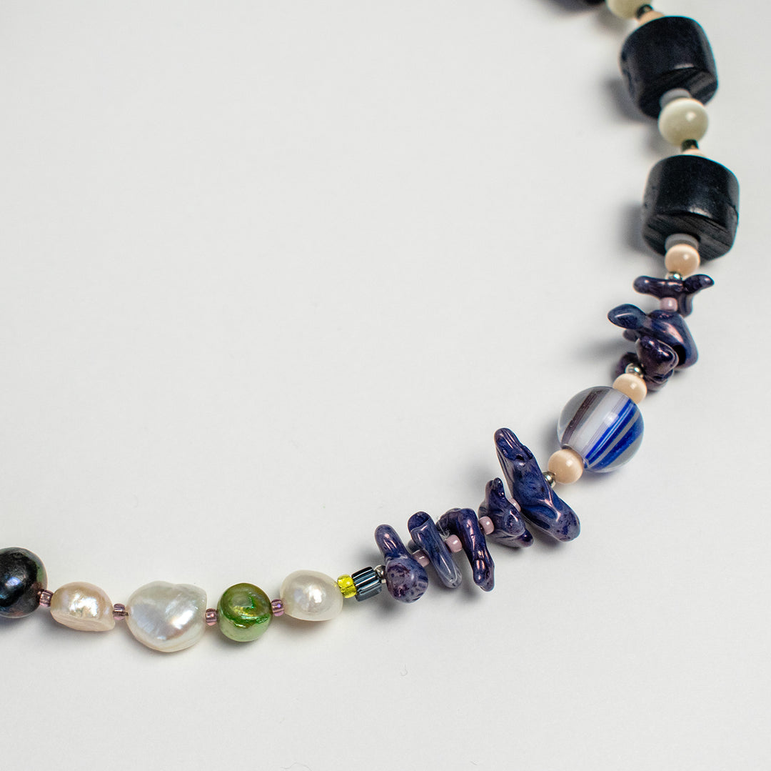 Navy Wood and Freshwater Pearl & Coral Necklace