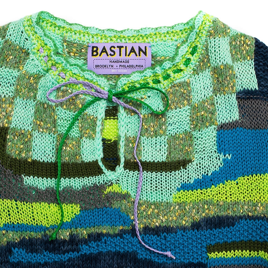 Green Checkerboard Atlas Intarsia Sweater With Leather Tie