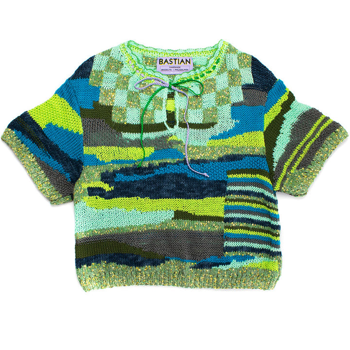 Green Checkerboard Atlas Intarsia Sweater With Leather Tie