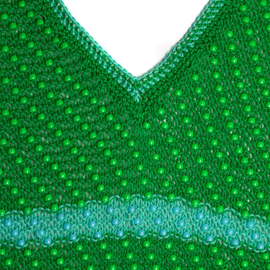 Green Cropped V-Neck Knit Tank With Plastic Pony Beads