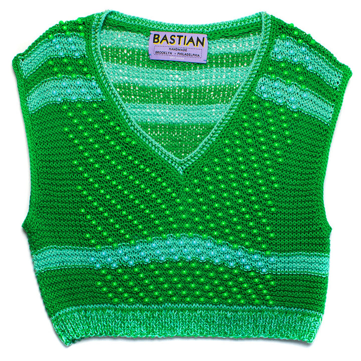 Green Cropped V-Neck Knit Tank With Plastic Pony Beads