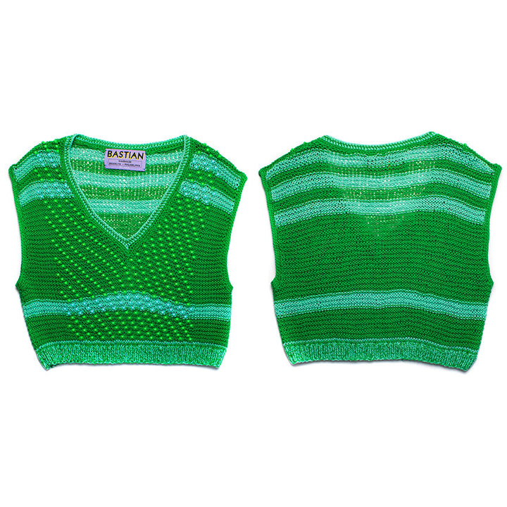 Green Cropped V-Neck Knit Tank With Plastic Pony Beads