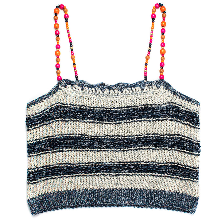 Beaded Spaghetti Strap Knit Tank With Large Wooden Beads