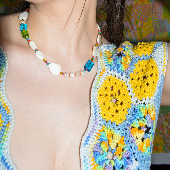 Blue Multi-Color Crochet V-Neck Tank