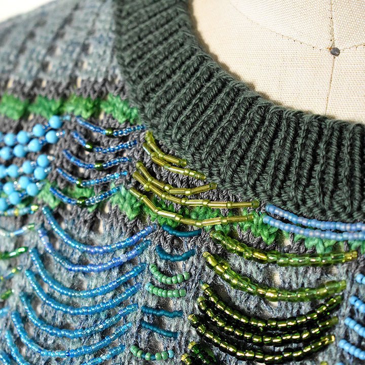 Oversized Beaded Stripe Crew-Neck Sweater