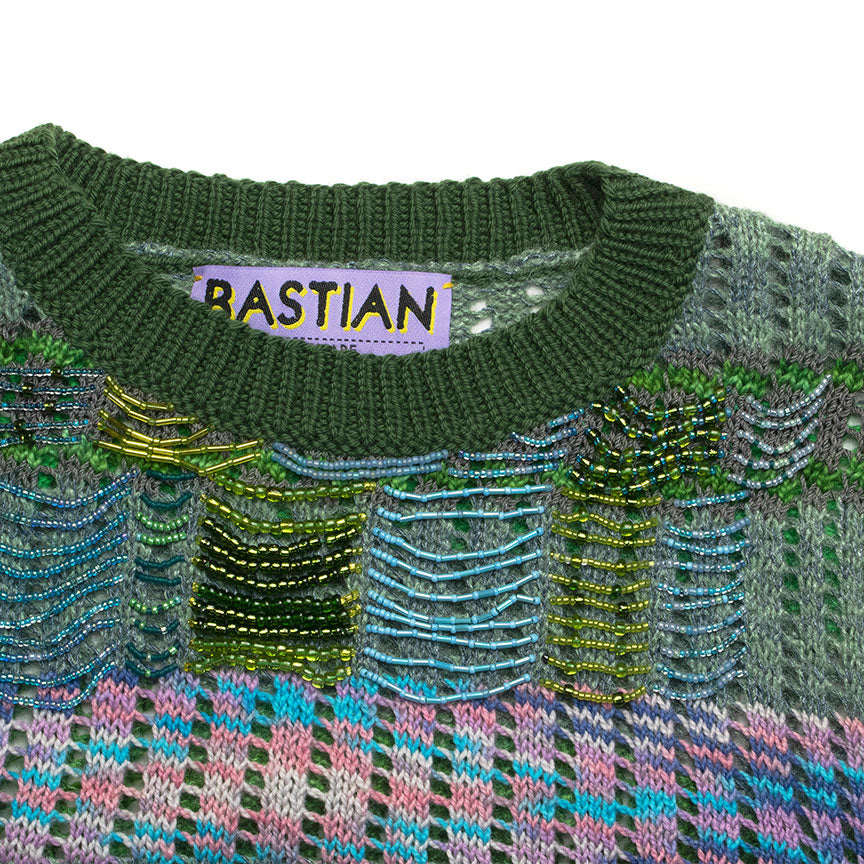 Oversized Beaded Stripe Crew-Neck Sweater