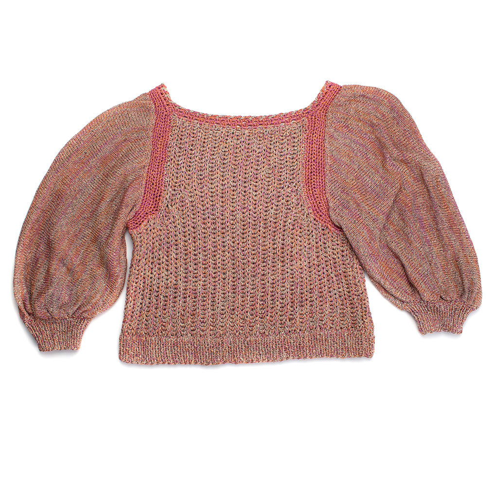 Puff Sleeve Knit Sweater Blouse with Crochet Details