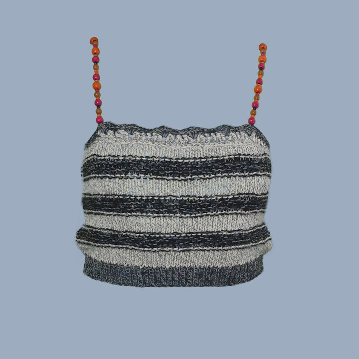 Beaded Spaghetti Strap Knit Tank With Large Wooden Beads