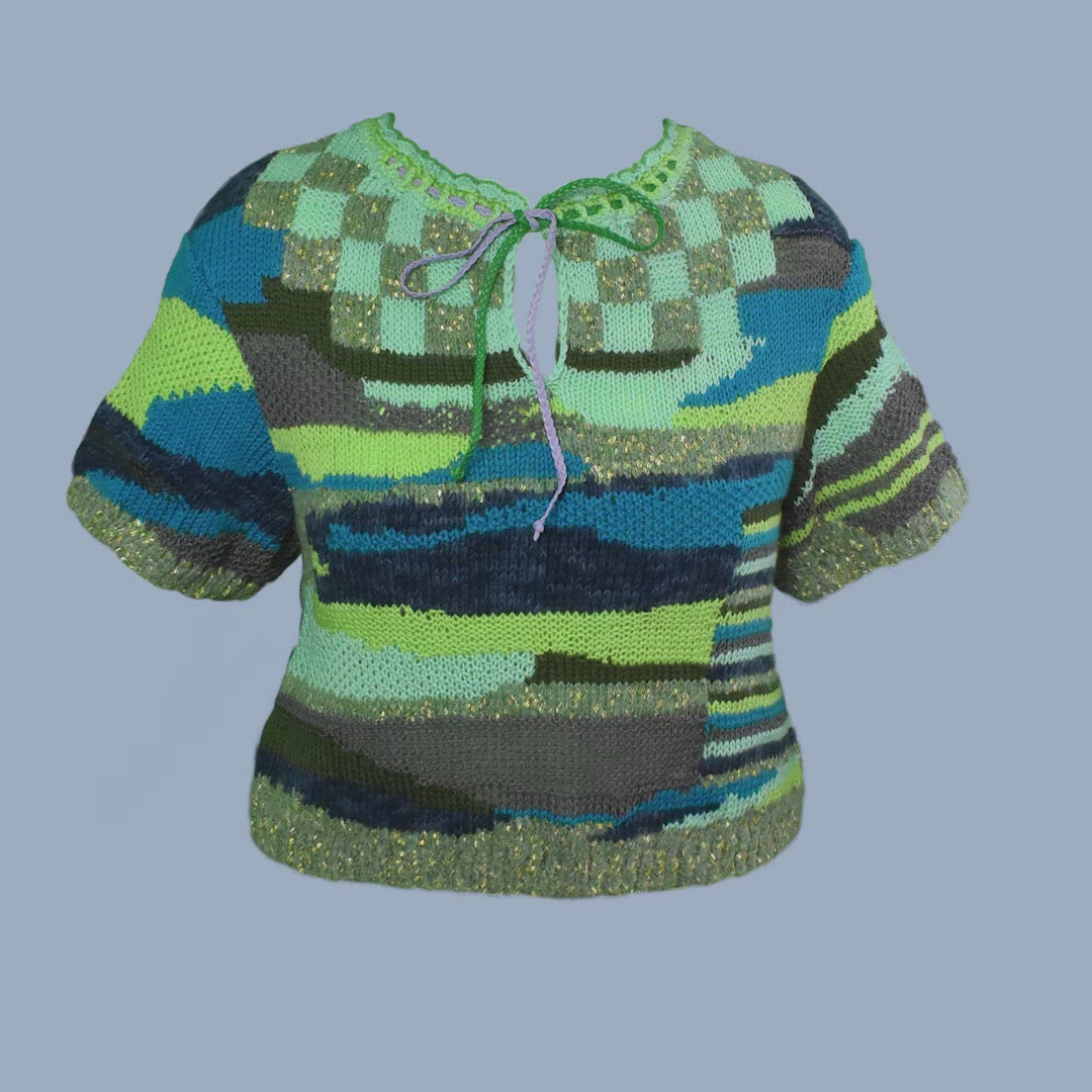 Green Checkerboard Atlas Intarsia Sweater With Leather Tie